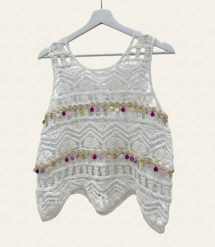 White Crochet Lace Sleeveless Top With Embellishments