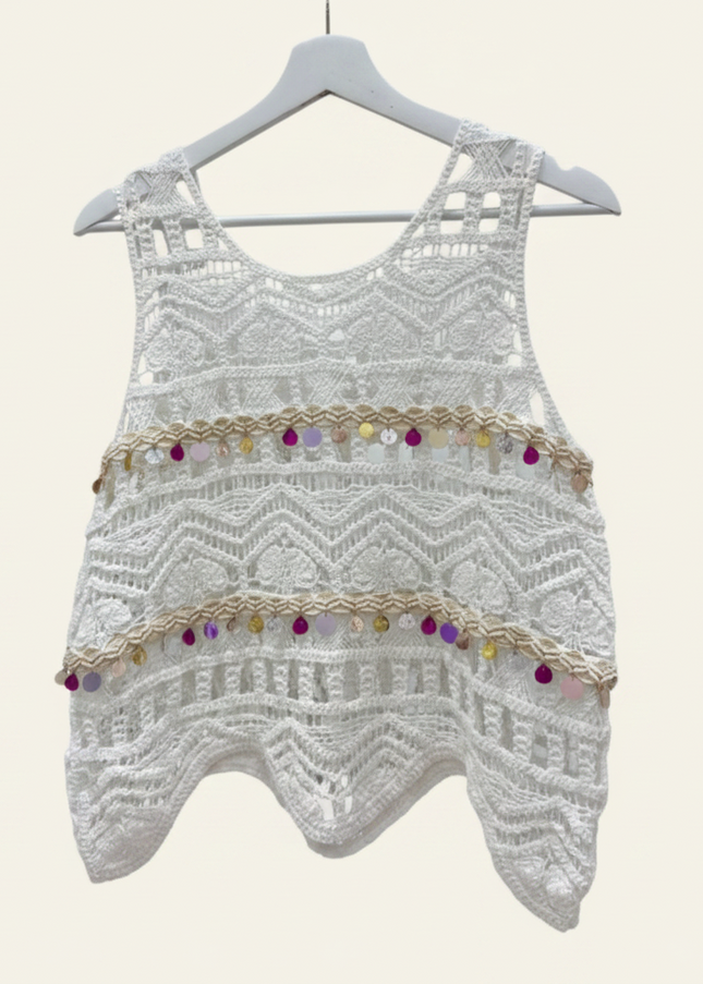 White Crochet Lace Sleeveless Top With Embellishments