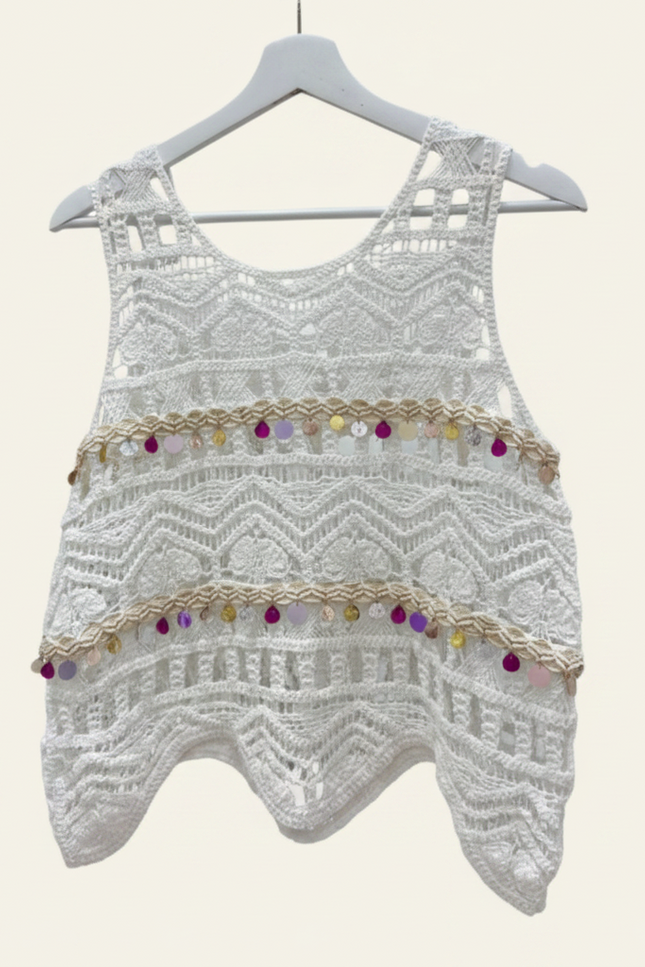 White Crochet Lace Sleeveless Top With Embellishments