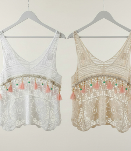 Crochet Lace V Neck Swing Vest Top With Pastel Embellishments