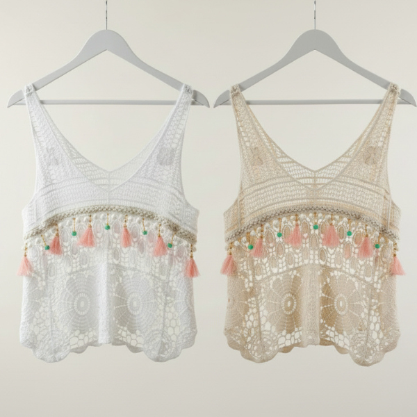 Crochet Lace V Neck Swing Vest Top With Pastel Embellishments