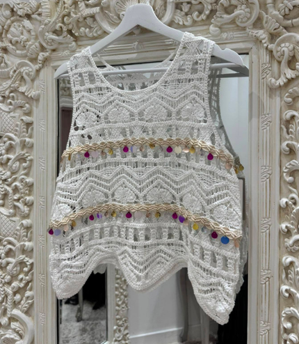 White Crochet Lace Sleeveless Top With Embellishments