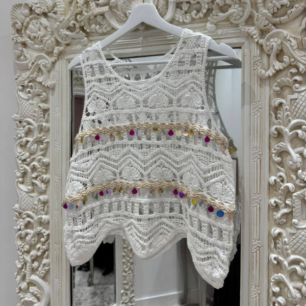 White Crochet Lace Sleeveless Top With Embellishments