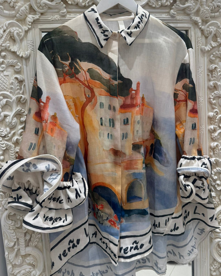 Aurora ~ Vivid Print Shirt With Frilled Arms & Hemline