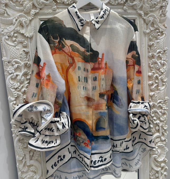 Aurora ~ Vivid Print Shirt With Frilled Arms & Hemline