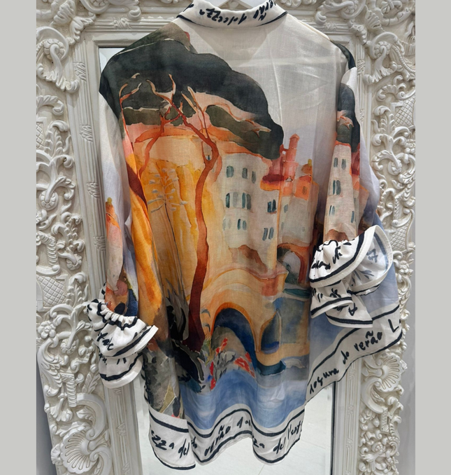 Aurora ~ Vivid Print Shirt With Frilled Arms & Hemline