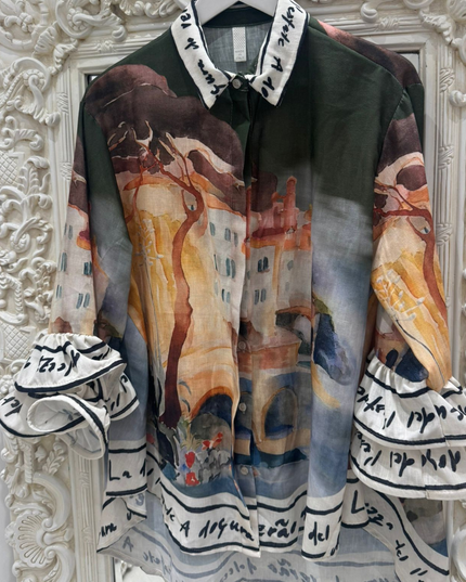 Aurora ~ Vivid Print Shirt With Frilled Arms & Hemline