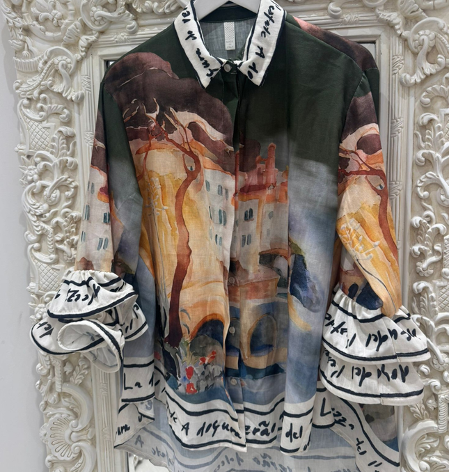 Aurora ~ Vivid Print Shirt With Frilled Arms & Hemline