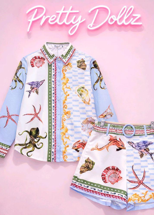 Shells ~ Blue Top & Short Co-Ord Set With Fish & Shells Fabric