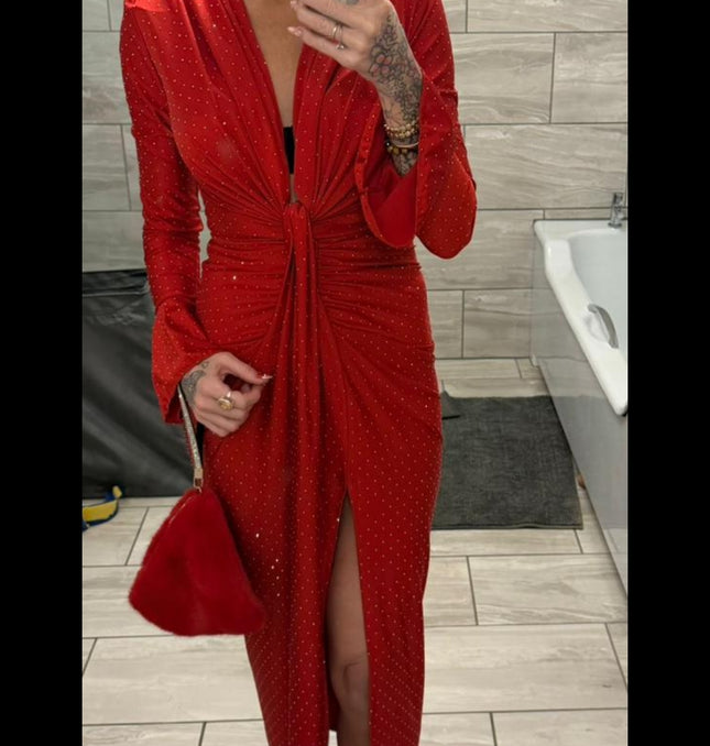 Angel ~ Diamante Sparkle Long Sleeve Knot Detail Midi Dress