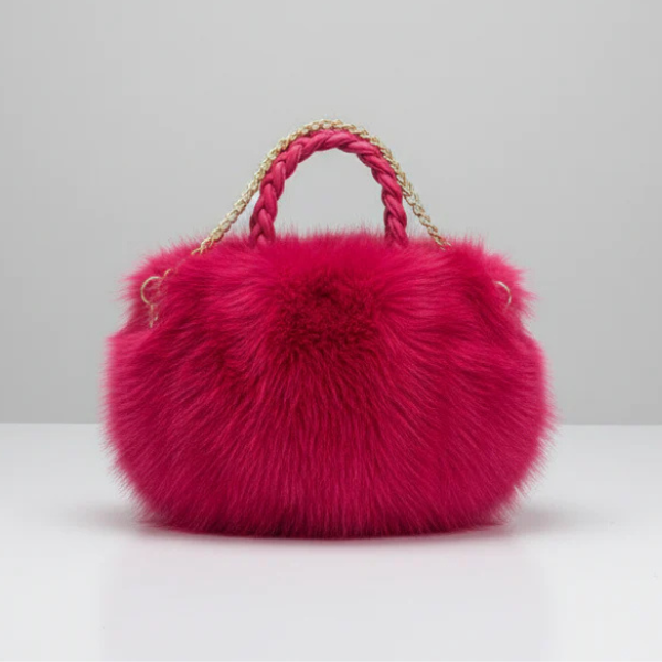Cecie ~ Soft Faux Fur Round Hand Bag With Gold Cross Body Chain ~ Raspberry Pink