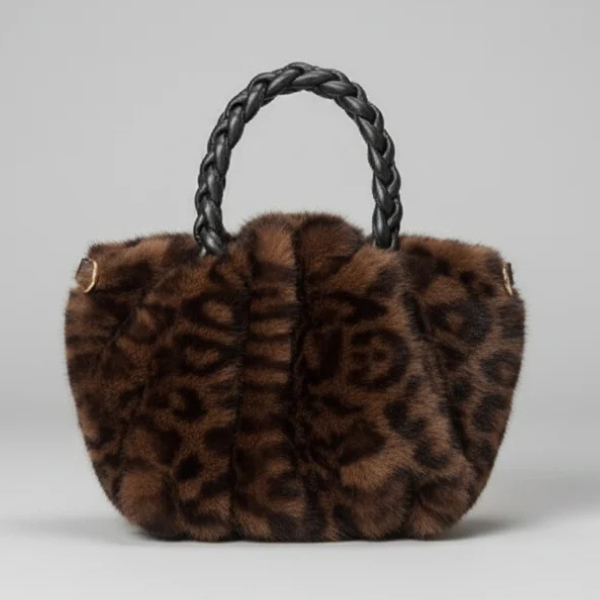 Cecie ~ Soft Faux Fur Round Hand Bag With Gold Cross Body Chain ~ Leopard Print