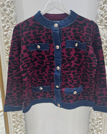 Animal Print Cardigan With Denim Trim Detail