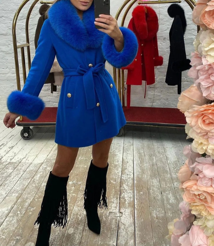 Bright Blue Luxury Fur Cashmere Coat