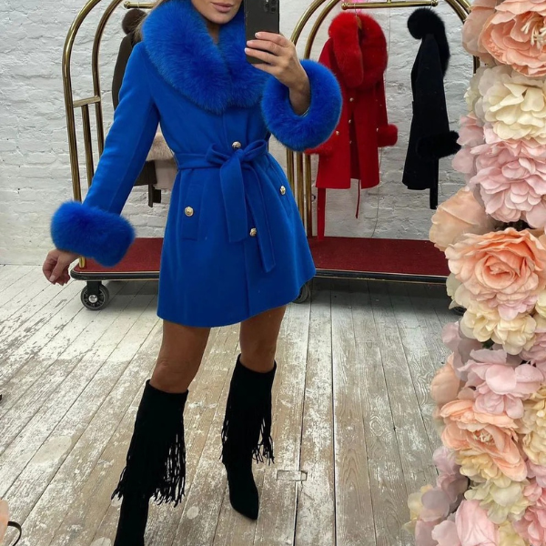 Bright Blue Luxury Fur Cashmere Coat