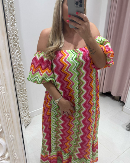 Leah ~ Bright Coloured Zig Zag Print Bardot Maxi Dress