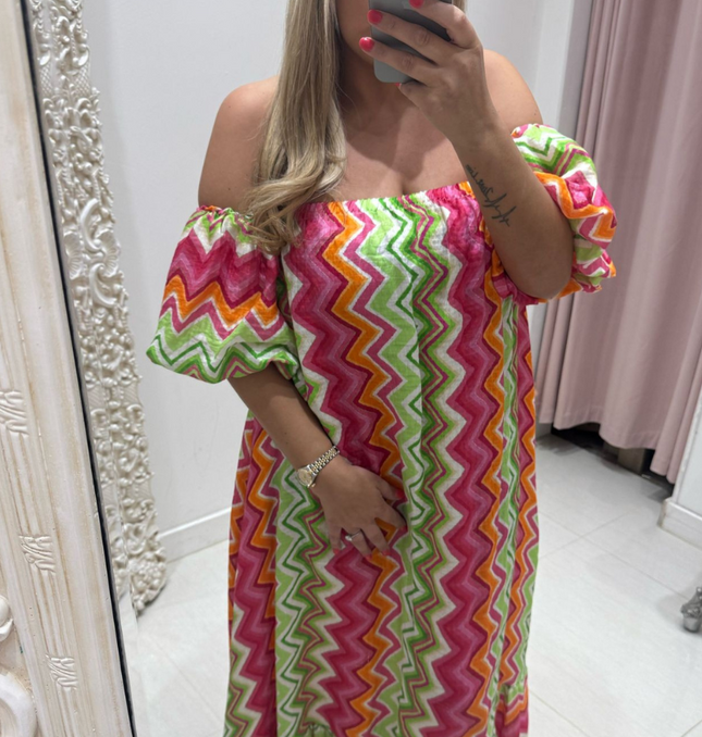 Leah ~ Bright Coloured Zig Zag Print Bardot Maxi Dress