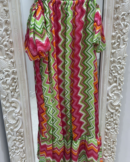 Leah ~ Bright Coloured Zig Zag Print Bardot Maxi Dress