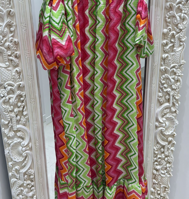 Leah ~ Bright Coloured Zig Zag Print Bardot Maxi Dress