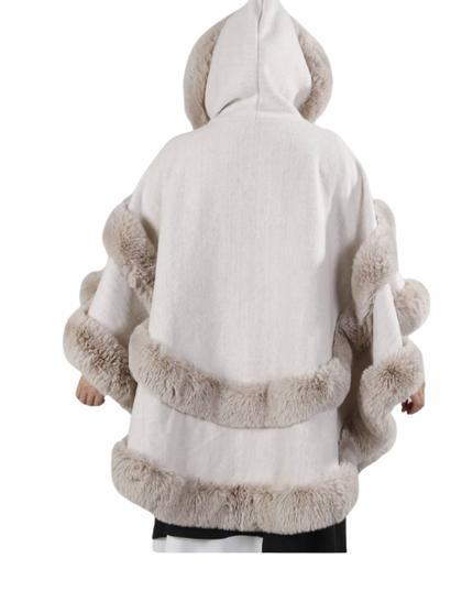 Poncho Cape With Luxury Faux Fur Trimming With Hood ~ Cream