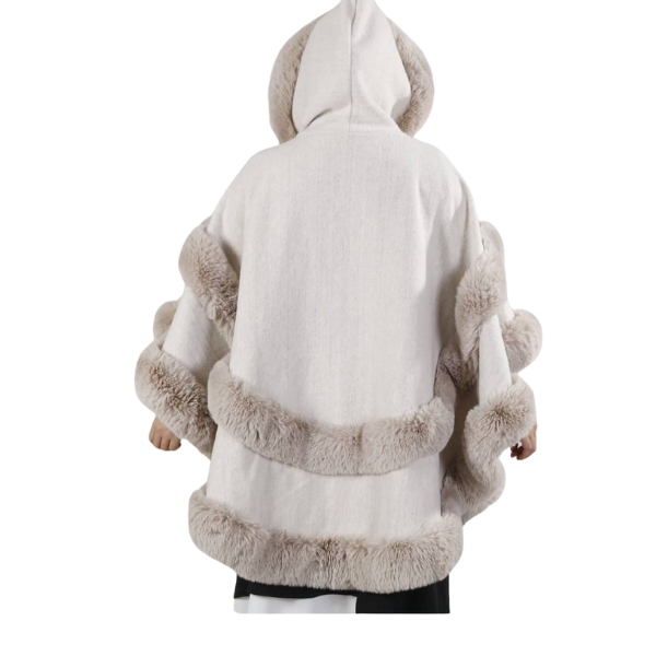 Poncho Cape With Luxury Faux Fur Trimming With Hood ~ Cream