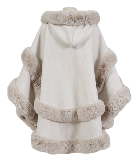 Poncho Cape With Luxury Faux Fur Trimming With Hood ~ Cream