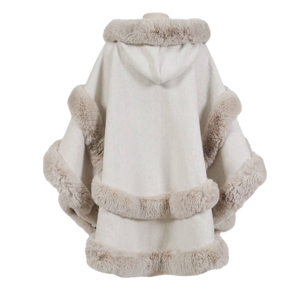 Poncho Cape With Luxury Faux Fur Trimming With Hood ~ Cream