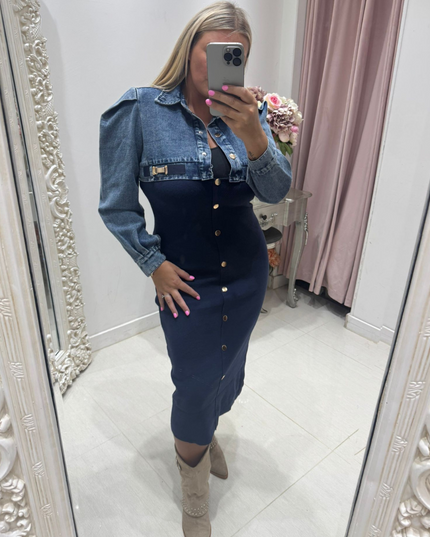 Phoebe ~ Denim & Knitted Midi Dress  ~ Navy