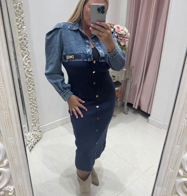 Phoebe ~ Denim & Knitted Midi Dress  ~ Navy