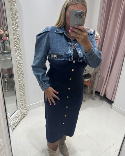 Phoebe ~ Denim & Knitted Midi Dress  ~ Navy