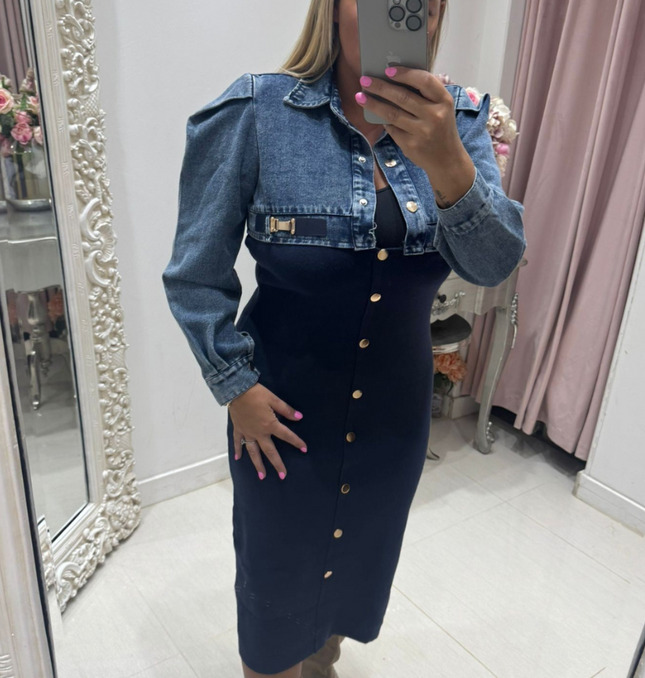 Phoebe ~ Denim & Knitted Midi Dress  ~ Navy