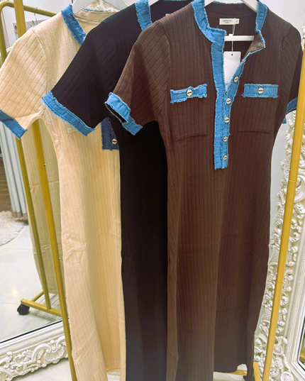 Polly ~ Thick Stretchy Ribbed Midi Dress With Denim Trim