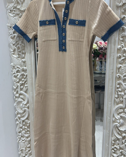 Polly ~ Thick Stretchy Ribbed Midi Dress With Denim Trim