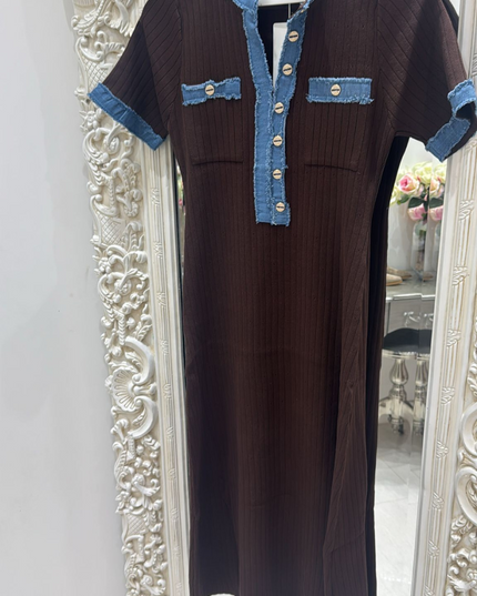 Polly ~ Thick Stretchy Ribbed Midi Dress With Denim Trim