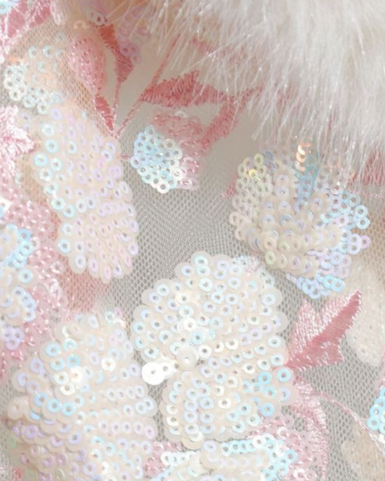 Katrina ~ White Faux Fur Jacket  With Embroidered Sequin Sleeves