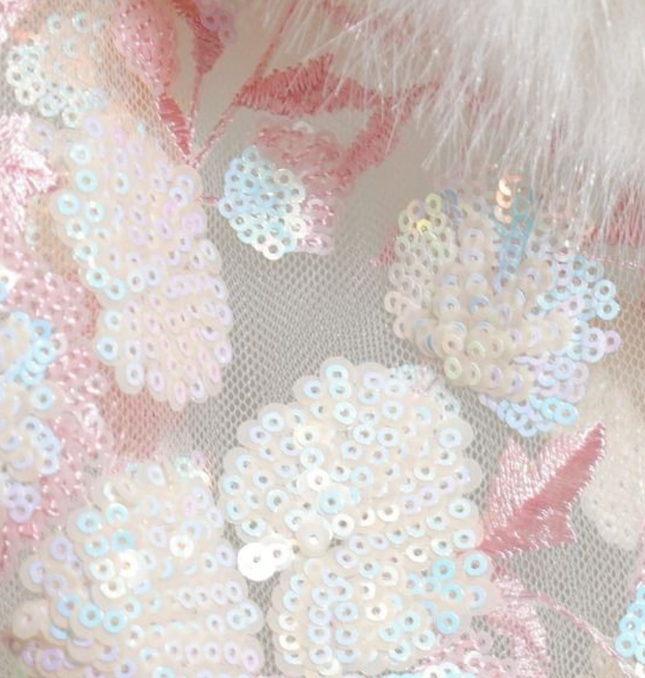 Katrina ~ White Faux Fur Jacket  With Embroidered Sequin Sleeves