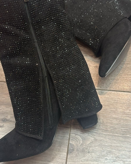 Black Faux Suede Crystal  Ankle Boots