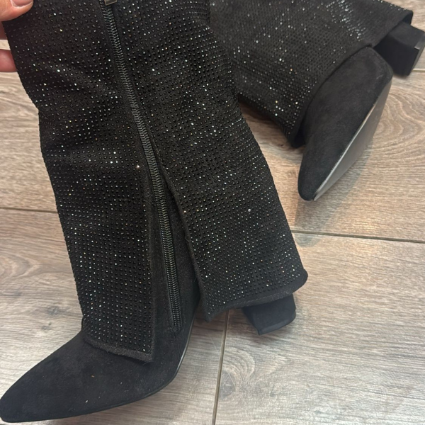 Black Faux Suede Crystal  Ankle Boots