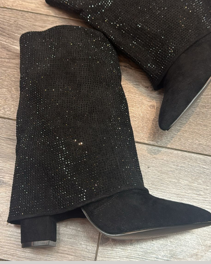 Black Faux Suede Crystal  Ankle Boots
