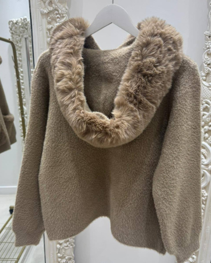 Mishca ~ Black or Beige Thick Fur Knit Zip Up Hooded Cardigan/Jacket