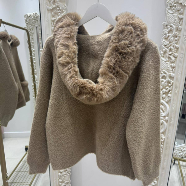 Mishca ~ Black or Beige Thick Fur Knit Zip Up Hooded Cardigan/Jacket