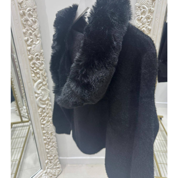 Mishca ~ Black or Beige Thick Fur Knit Zip Up Hooded Cardigan/Jacket