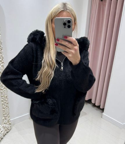 Mishca ~ Thick Fur Knit Hooded Cardigan/Jacket