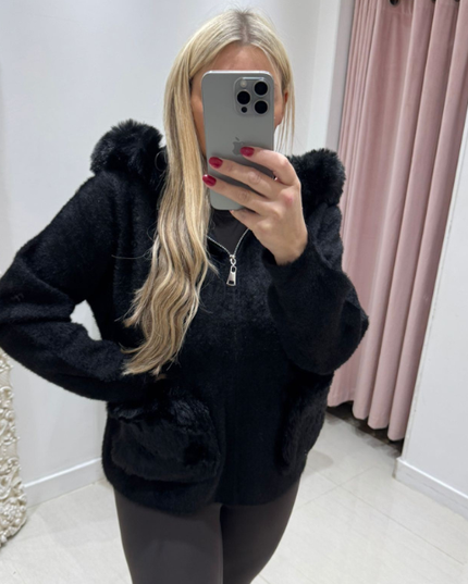 Mishca ~ Black or Beige Thick Fur Knit Zip Up Hooded Cardigan/Jacket