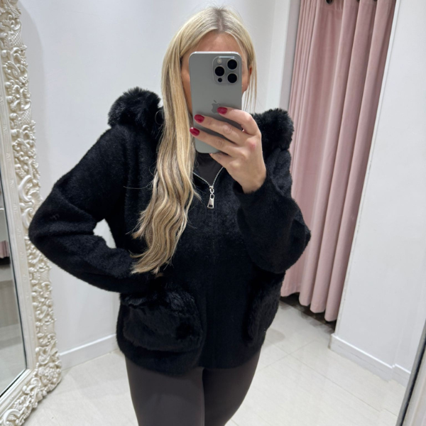 Mishca ~ Black or Beige Thick Fur Knit Zip Up Hooded Cardigan/Jacket