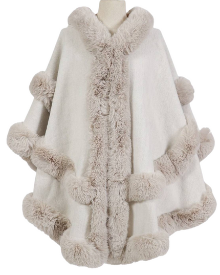 Poncho Cape With Luxury Faux Fur Trimming With Hood ~ Cream