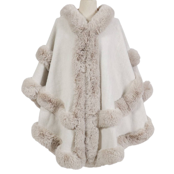 Poncho Cape With Luxury Faux Fur Trimming With Hood ~ Cream