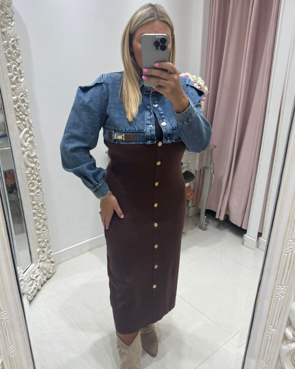 Phoebe ~ Denim & Knitted Midi Dress ~ Dark Brown