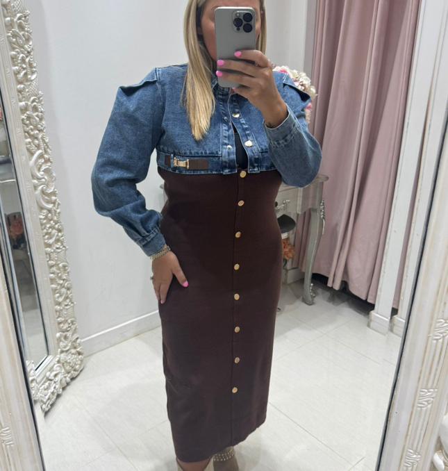 Phoebe ~ Denim & Knitted Midi Dress ~ Dark Brown
