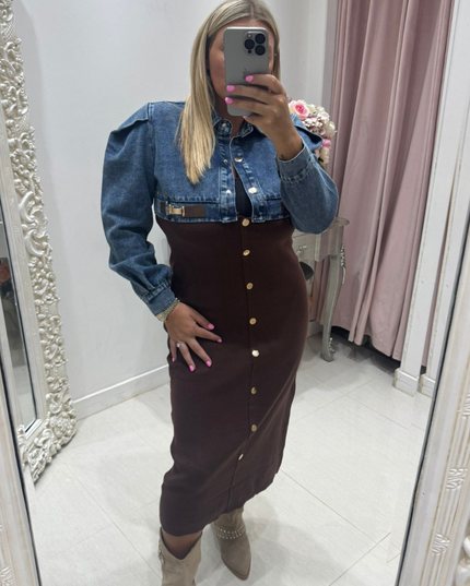 Phoebe ~ Denim & Knitted Midi Dress ~ Dark Brown